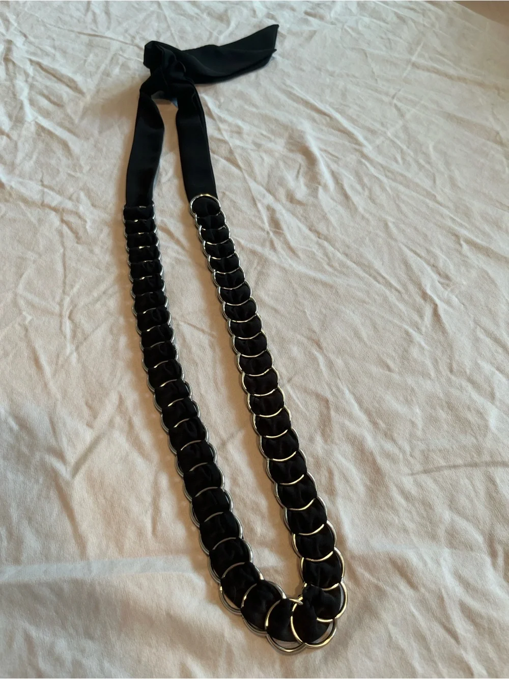 Women’s Black Y2K Scarf Belt Silver Tone Chain Ring Waist Tie OS Boho Self Tie